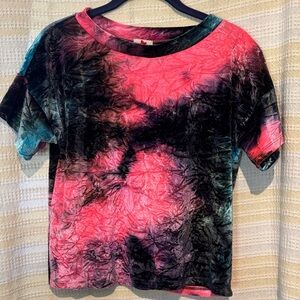 Blue Leopard Tie Dye Velour Top | Pink Black Stretch Tee | Size Medium